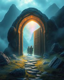Immerse yourself in an ethereal spiritual vibe with this image featuring an ancient doorway glowing with runes embedded in a 