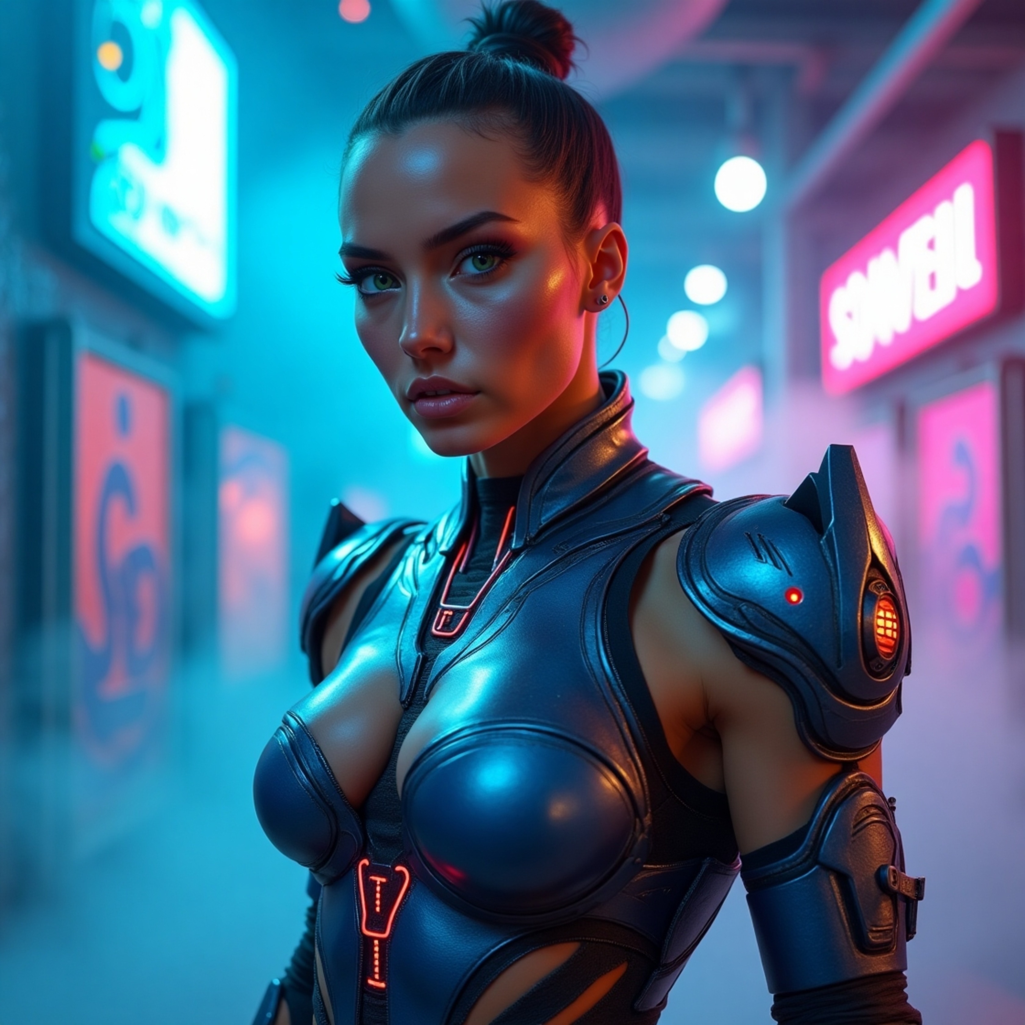A sleek, agile futuristic warrior, enhanced with iridescent blue and silver cybernetics, strikes a dynamic pose in an electri