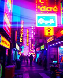 Immerse yourself in a bright, vibrant, and pixelated glitch image of a cyberpunk street bathed in neon haze. This lively and 