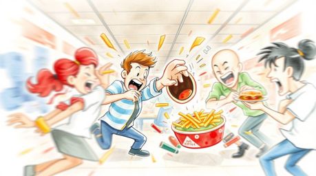 A vibrant watercolor painting depicts a chaotic and fun cartoon cafeteria food fight.  The artwork features dynamic action po
