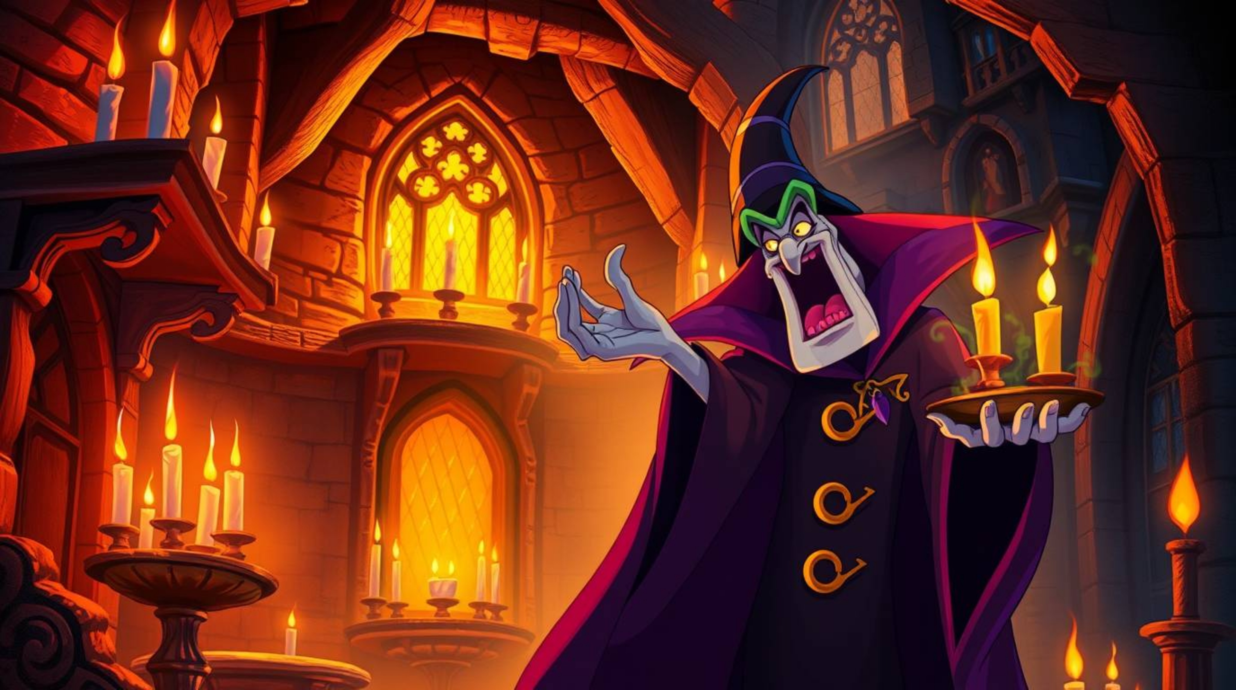 A captivating illustration depicts a classic Disney villain casting a spell within the walls of an ancient castle.  Warm cand