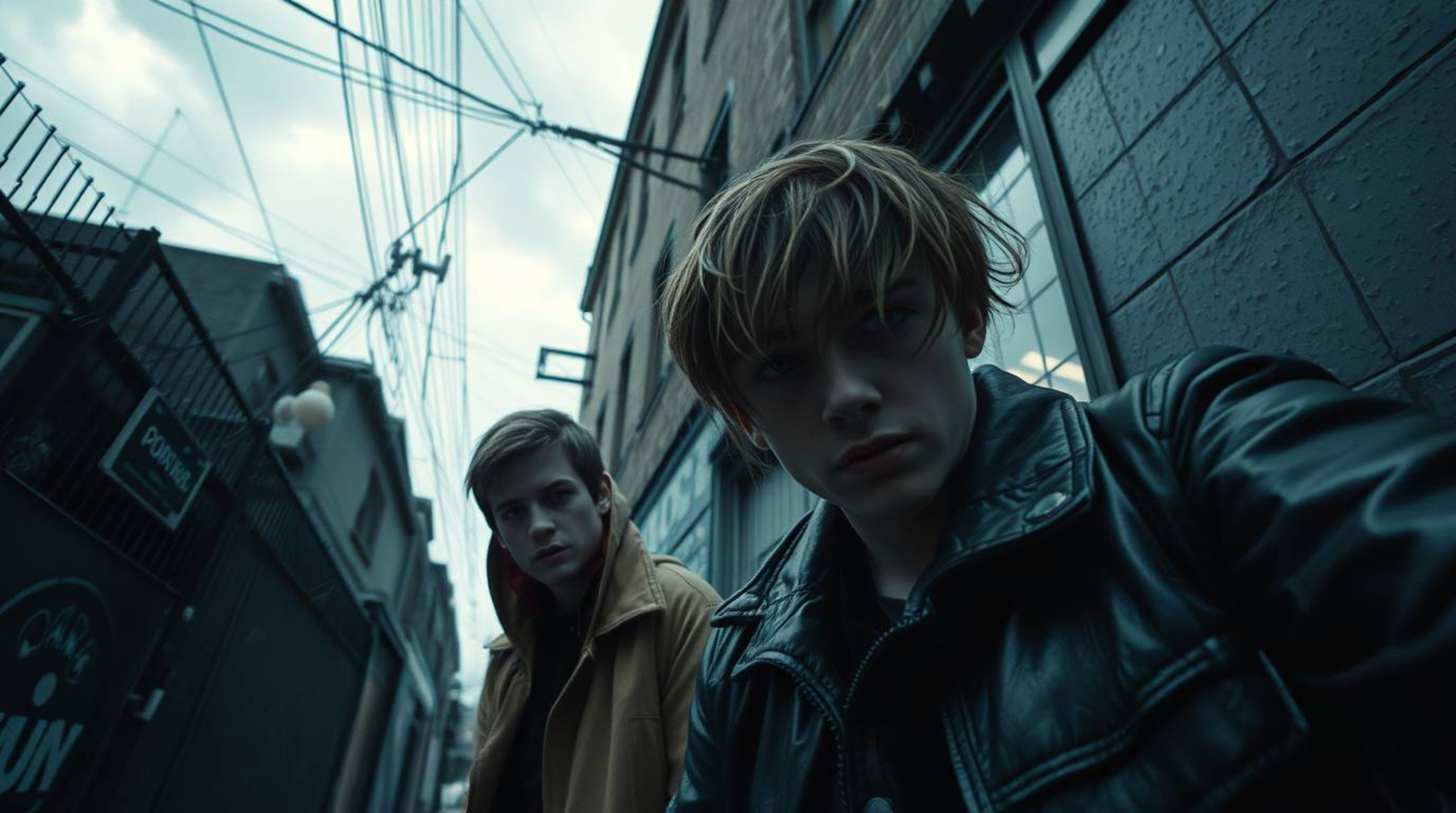 A dramatic and intense close-up shot depicting rebellious teens in a grungy city alley.  The moody style, low contrast, and s