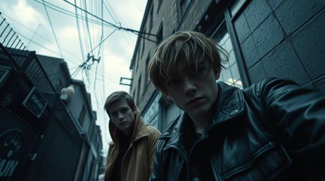 A dramatic and intense close-up shot depicting rebellious teens in a grungy city alley.  The moody style, low contrast, and s