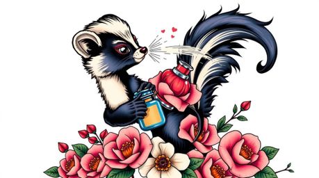 This art print features a graceful and elegant cartoon skunk delicately spraying perfume on flowers. Inspired by symbolic tra