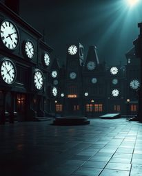An empty town square in a futuristic sci-fi setting, characterized by ticking clocks and the absence of people, evokes a stro