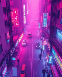 Explore a vibrant and distorted cyberpunk street scene rendered as a pixelated glitch artwork, reminiscent of a classic oil p