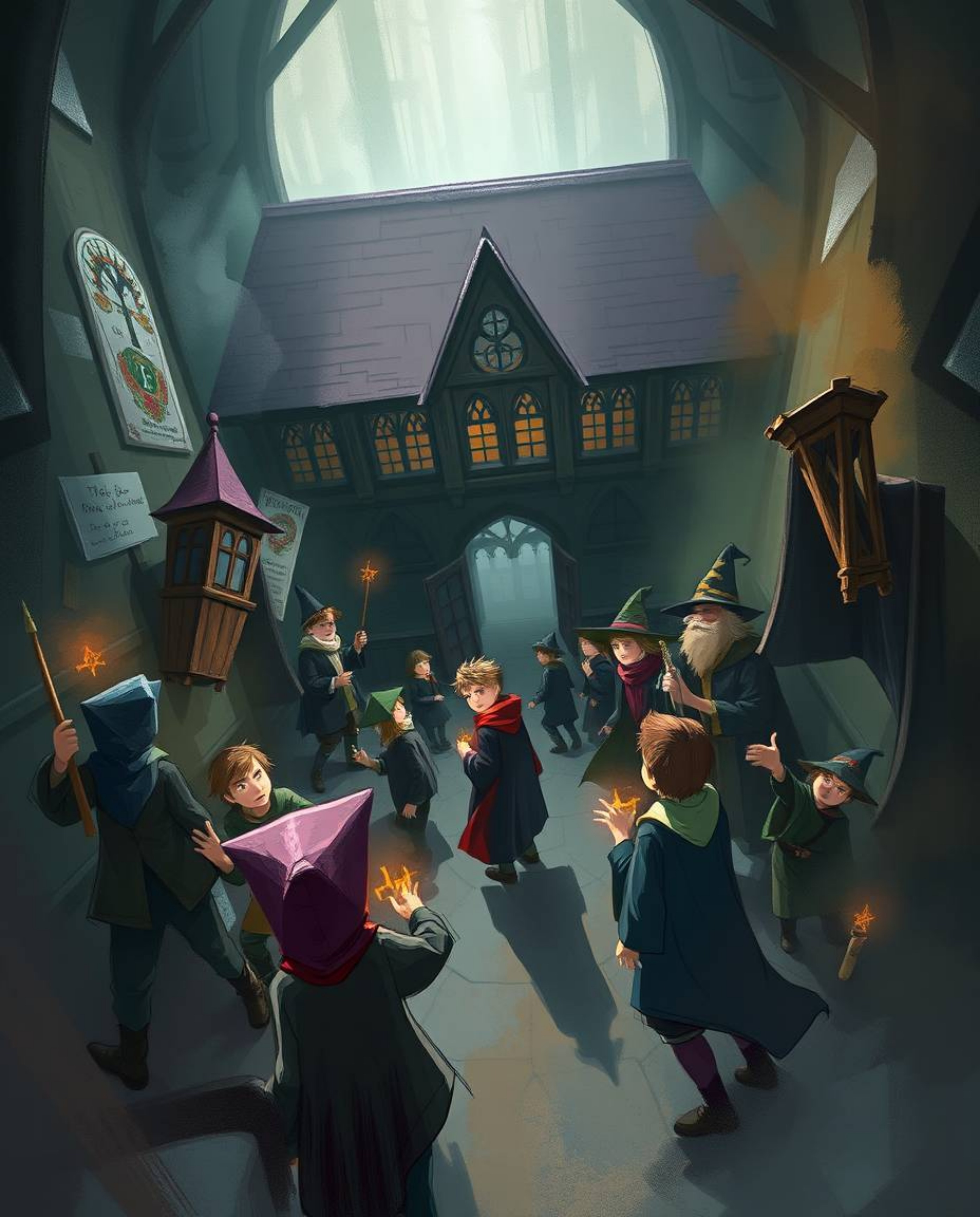 A dynamic digital sketch depicts a magical school teeming with young wizards. Loose painterly strokes, smooth gradient transi