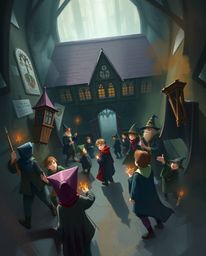 A dynamic digital sketch depicts a magical school teeming with young wizards. Loose painterly strokes, smooth gradient transi