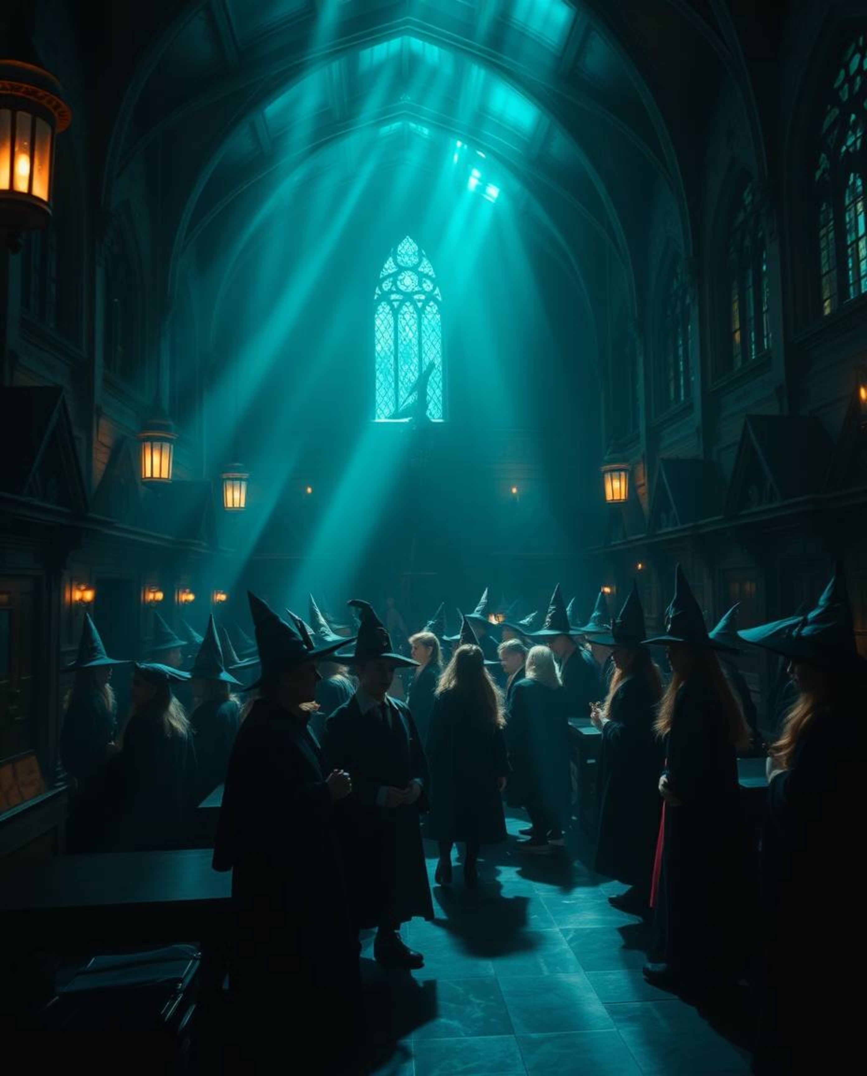 Immerse yourself in a magical school brimming with young wizards, bathed in a rich, deep teal light. Diffused shadows create 