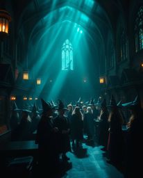 Immerse yourself in a magical school brimming with young wizards, bathed in a rich, deep teal light. Diffused shadows create 