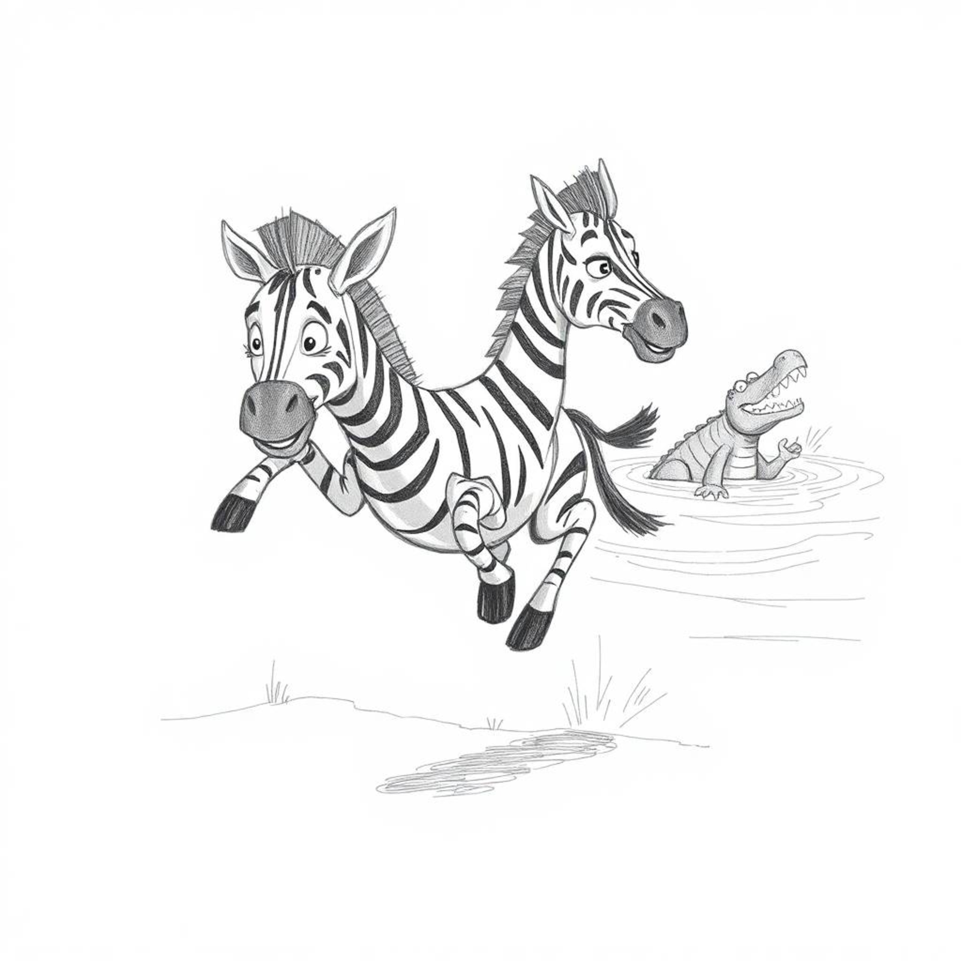 A hand-drawn sketch showcases a 3D cartoon zebra leaping towards a riverbank with a scared yet alert expression. In the backg