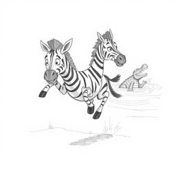 A hand-drawn sketch showcases a 3D cartoon zebra leaping towards a riverbank with a scared yet alert expression. In the backg