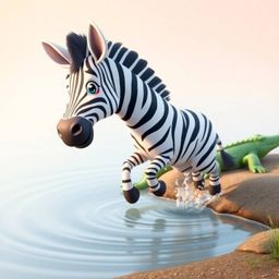 Experience a scene of gentle beauty with soft pastel colors and an elegant 3D cartoon zebra. This graceful creature, with ref