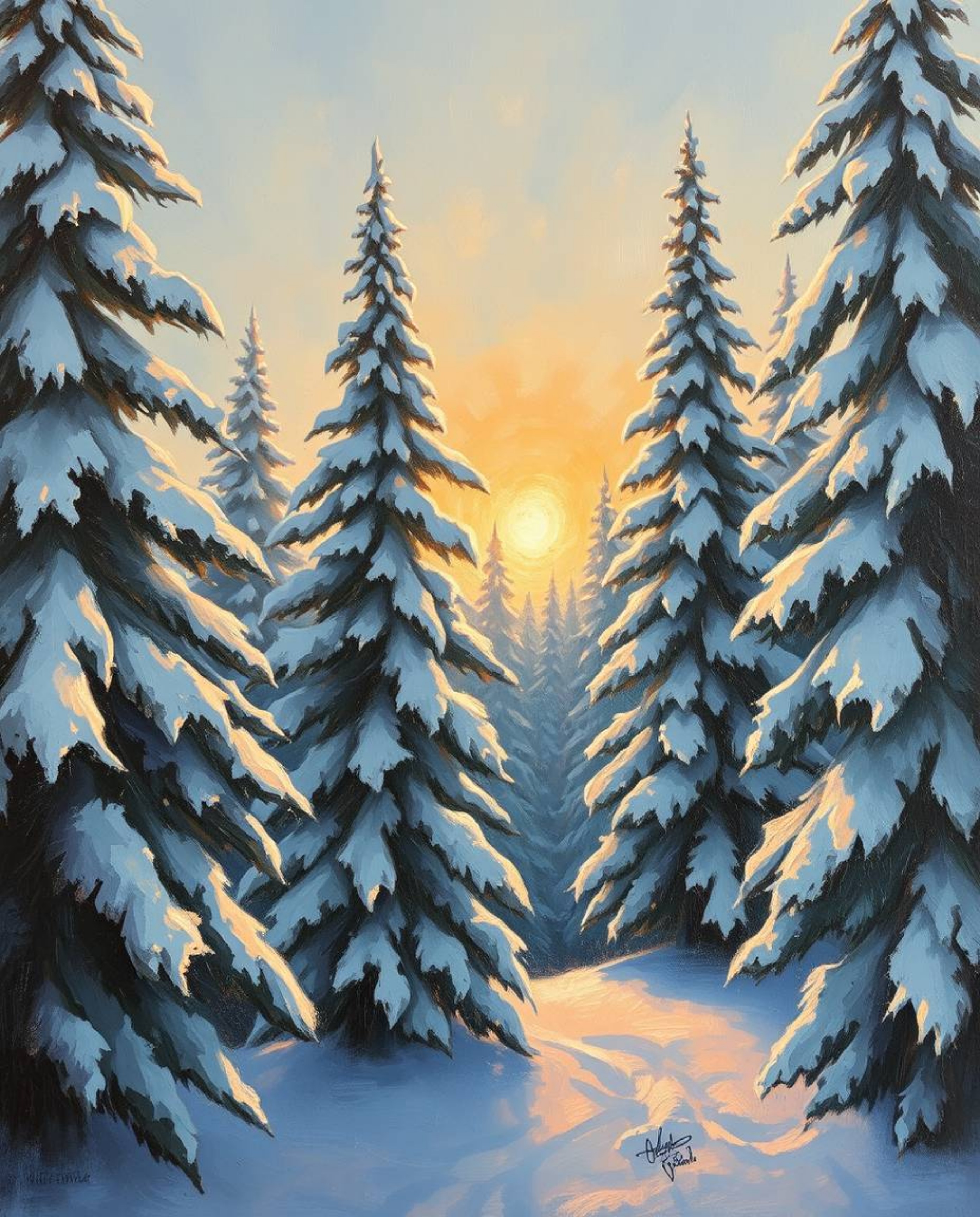 Rendered in a classic oil painting style, this artwork captures the beautiful moment of sunset light sparkling on snowy pine 