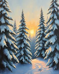 Rendered in a classic oil painting style, this artwork captures the beautiful moment of sunset light sparkling on snowy pine 