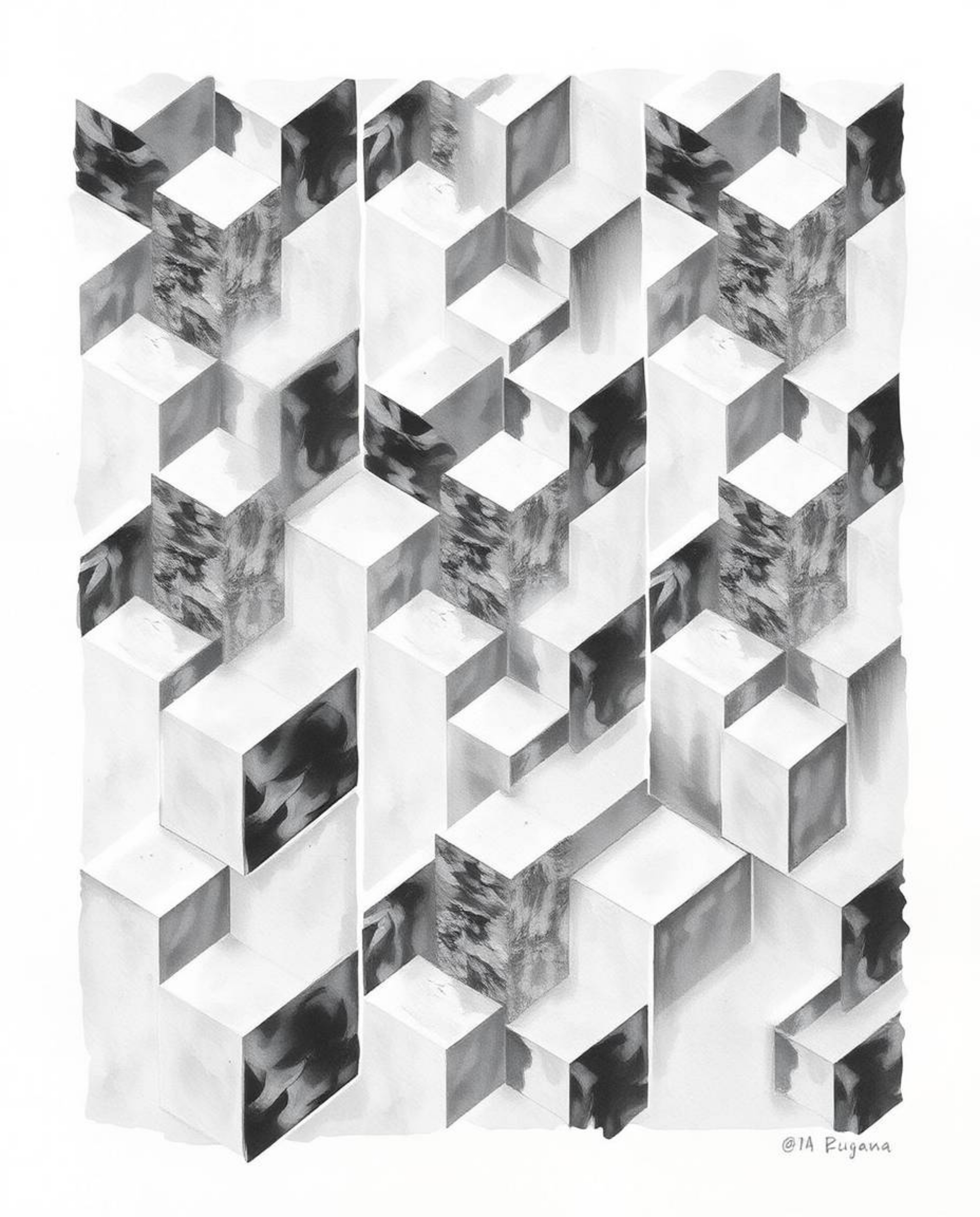 A delicate black and white watercolor painting featuring a repetitive cube pattern rendered in Escher-style impossible geomet