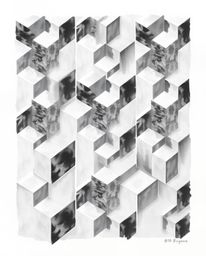 A delicate black and white watercolor painting featuring a repetitive cube pattern rendered in Escher-style impossible geomet