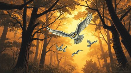 A heartwarming hand-drawn pencil sketch in the style of Pixar, depicting a blind owl with expressive eyes guiding several sma