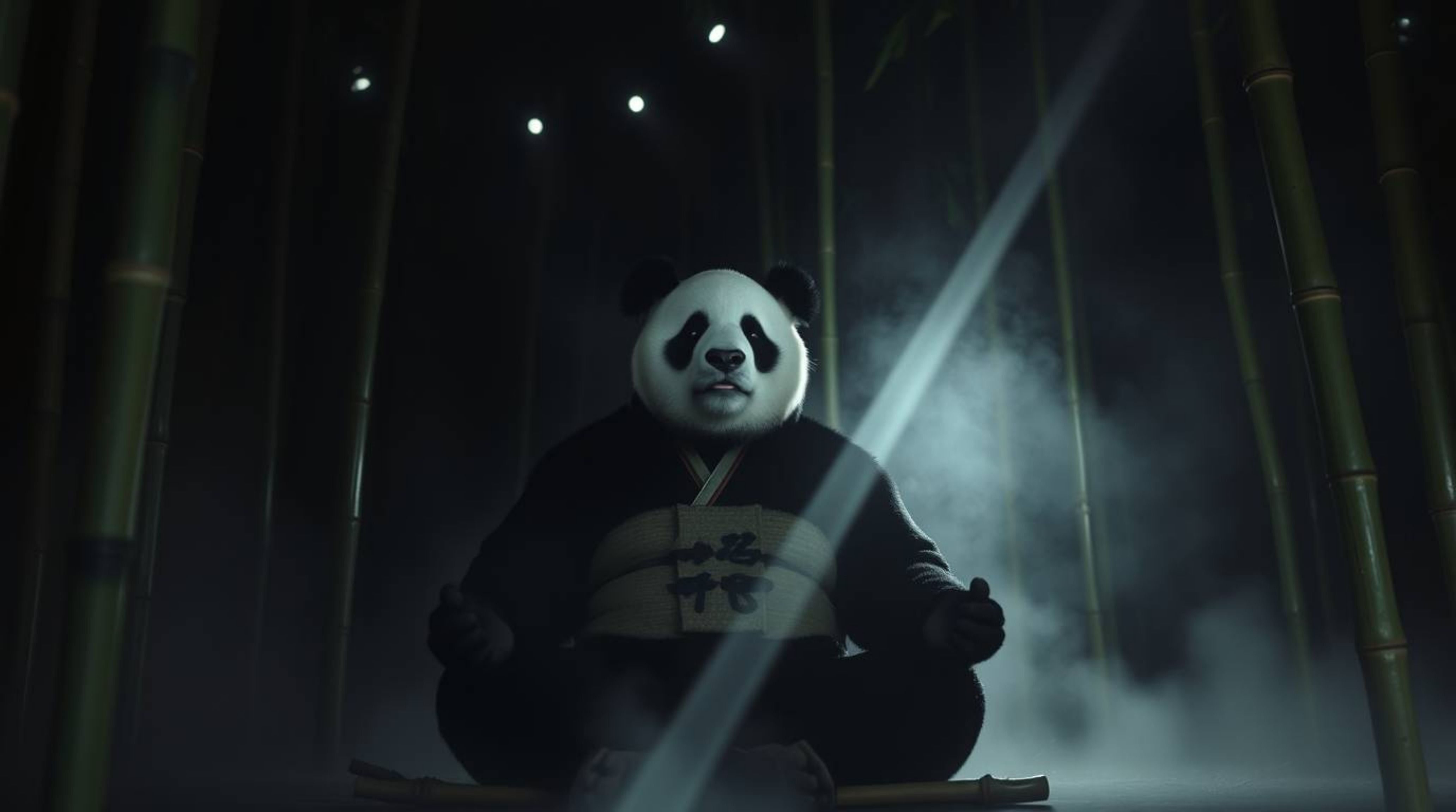 Experience a serene scene of a martial artist panda deeply meditating within a tranquil bamboo forest. Moody volumetric light