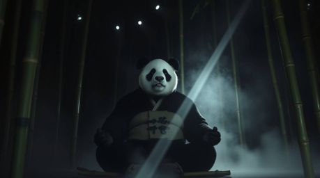 Experience a serene scene of a martial artist panda deeply meditating within a tranquil bamboo forest. Moody volumetric light