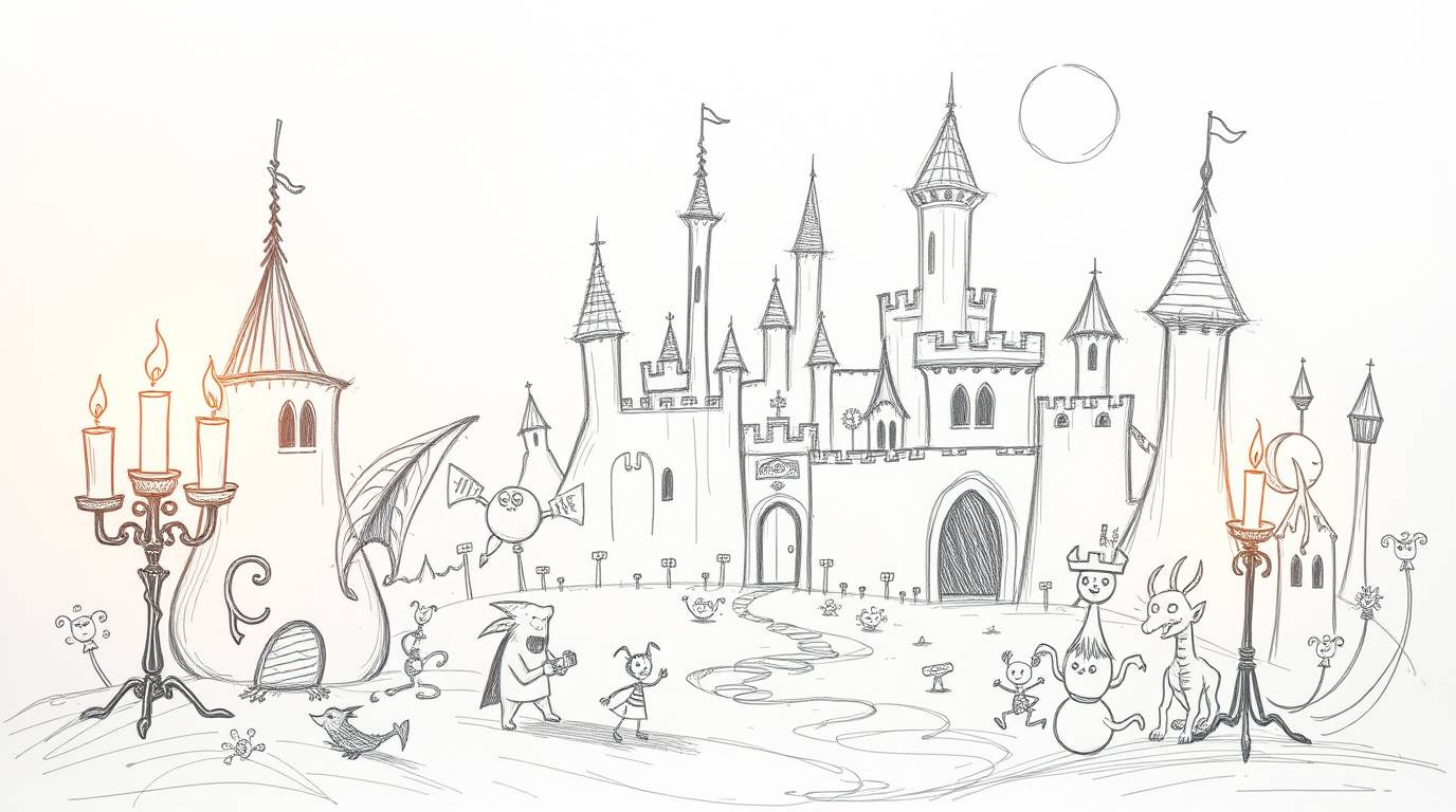 Explore a hand-drawn fantasy kingdom brought to life with quirky magical creatures and rough lines. This textured pencil sket