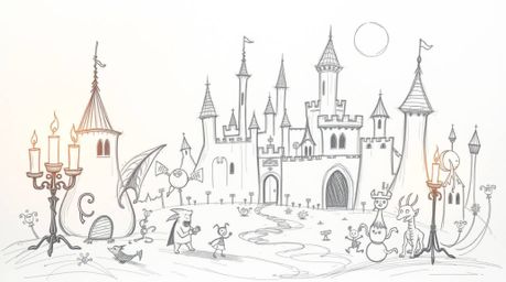 Explore a hand-drawn fantasy kingdom brought to life with quirky magical creatures and rough lines. This textured pencil sket