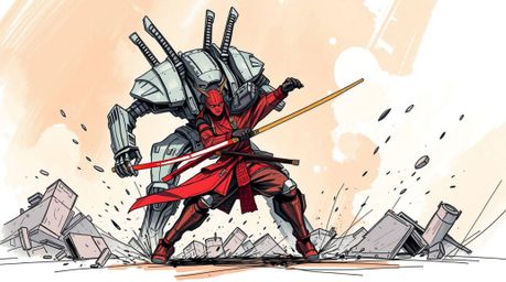 Explore a hand-drawn color sketchnote style sketch depicting a samurai battling a robot in a dystopian world. This expressive