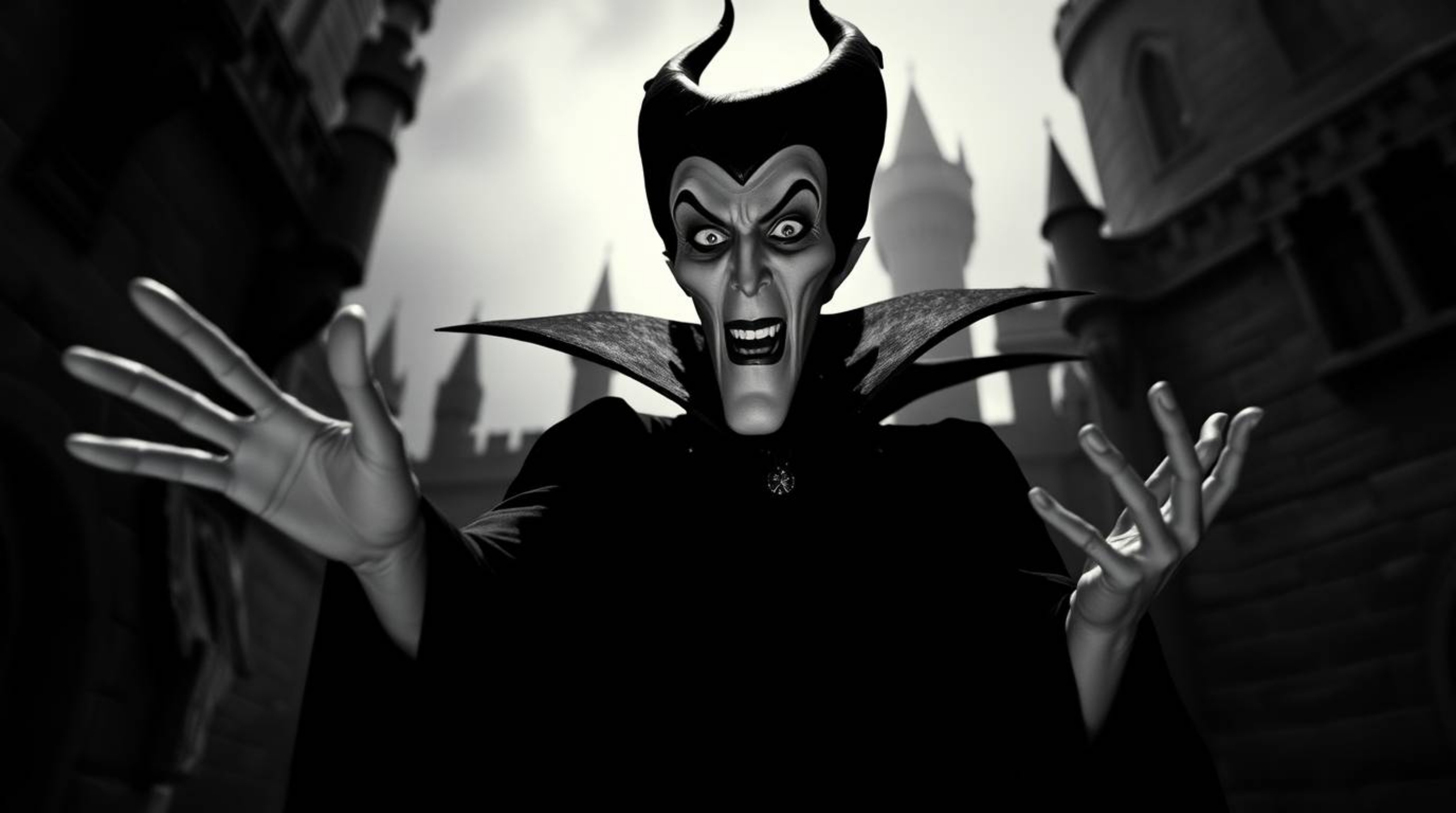 A captivating fine art photograph depicting a classic Disney villain casting a spell within an ancient castle.  The image sho