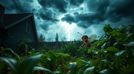 Experience the dramatic tension as a charming, bug-sized hero navigates a sprawling backyard jungle under intensely stormy sk