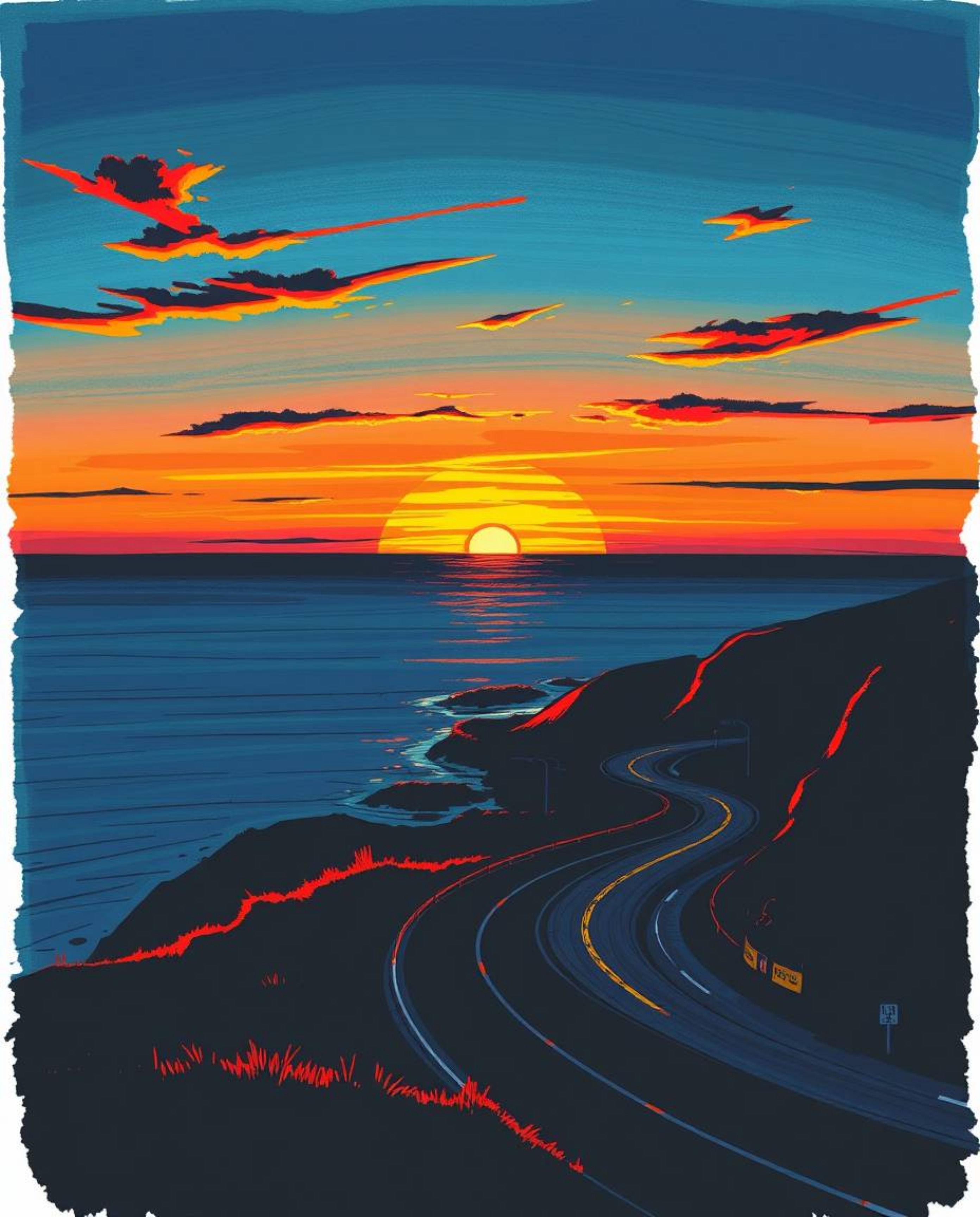 This is a hand-drawn sketch in a color sketchnote style, depicting a sunset sky over a winding coastal highway. The artwork u