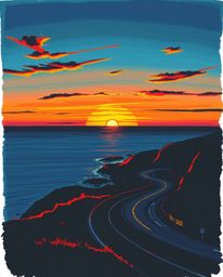 This is a hand-drawn sketch in a color sketchnote style, depicting a sunset sky over a winding coastal highway. The artwork u