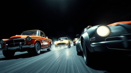 Experience a thrilling, dynamic racing scene featuring outlandish cars rendered in intense jet-black high contrast low-key li