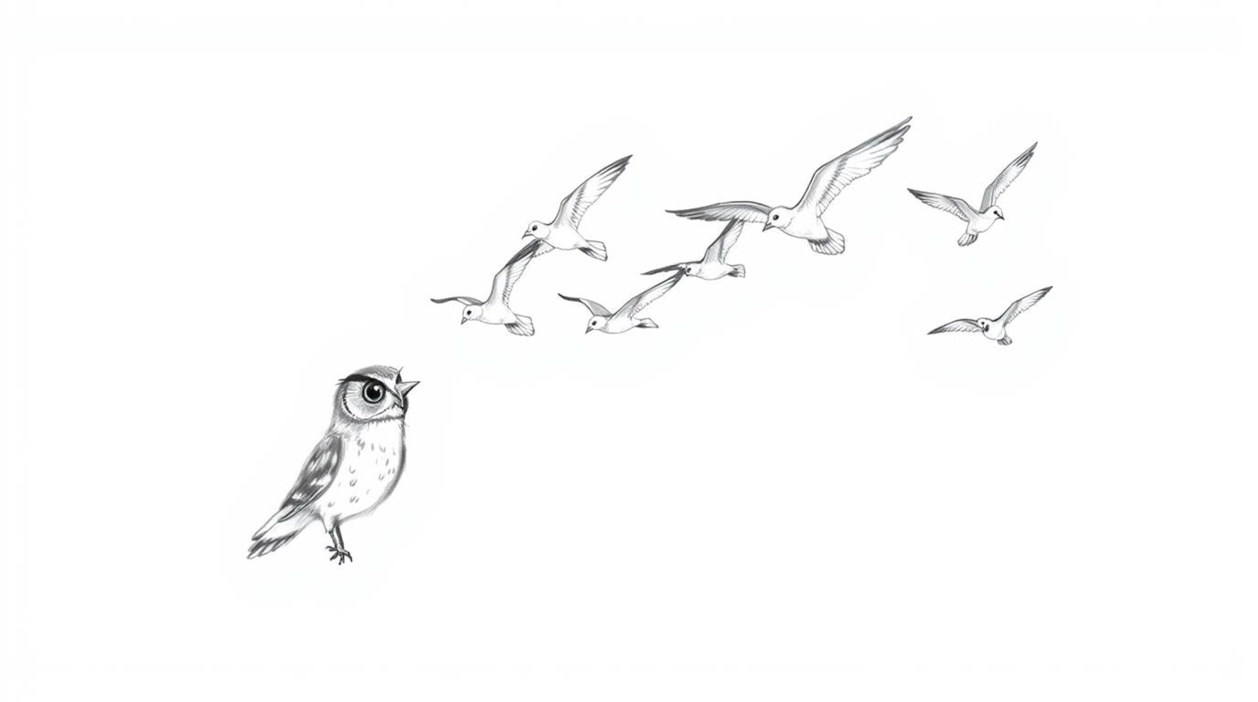 A hand-drawn sketch in the style of Pixar shows a blind owl with delicate, textured pencil strokes guiding a flock of birds i