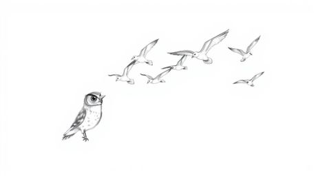 A hand-drawn sketch in the style of Pixar shows a blind owl with delicate, textured pencil strokes guiding a flock of birds i