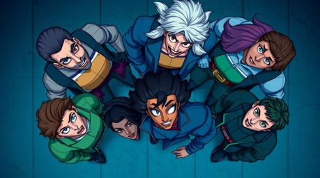 A captivating overhead shot showcases a diverse group of misfit heroes, each with unique features and attire, coming together