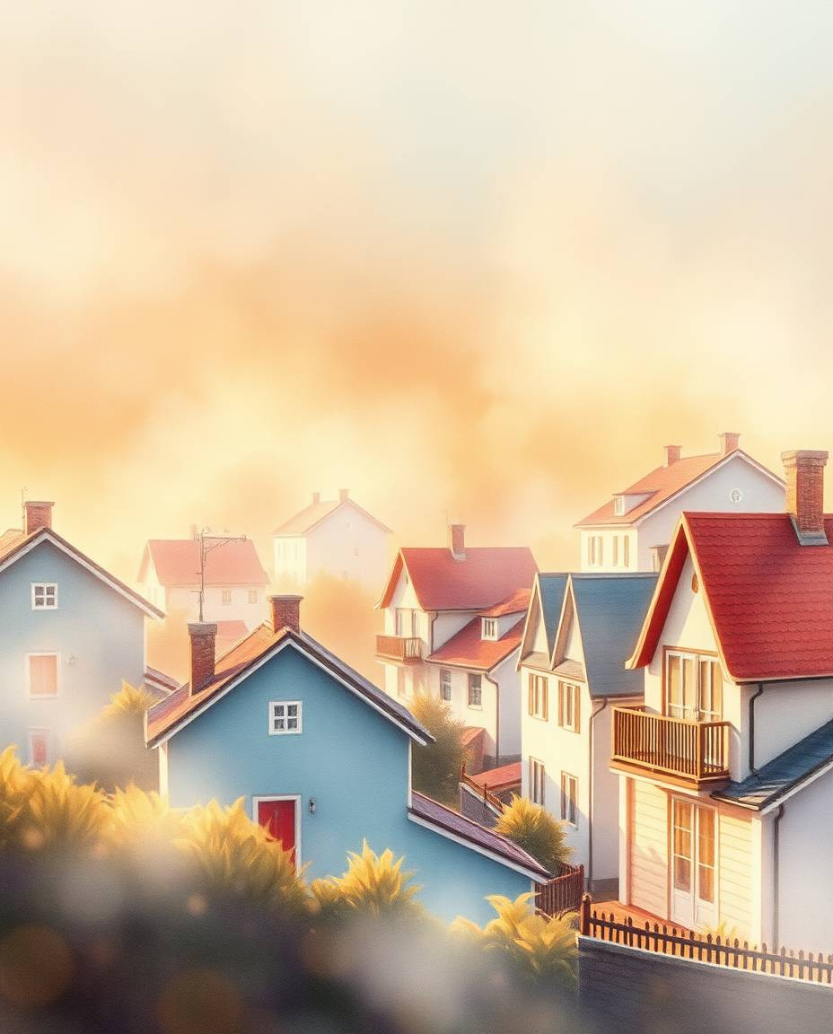 Capture the serene beauty of a sleepy town bathed in a warm, golden glow with this stunning watercolor painting. Pastel-color