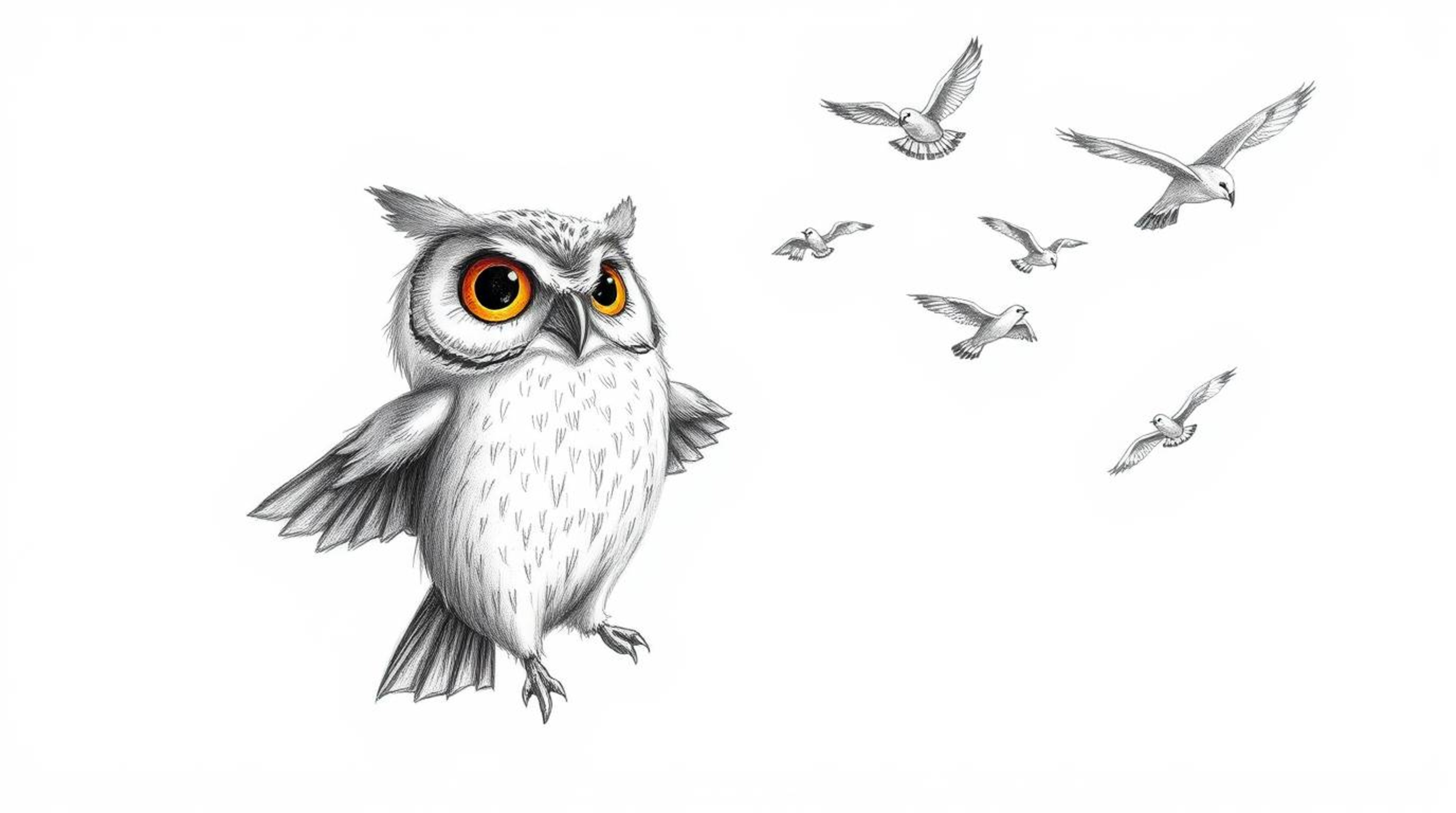A heartwarming hand-drawn sketch depicts a wise, blind owl, in the style of Pixar animation, guiding a flock of birds through