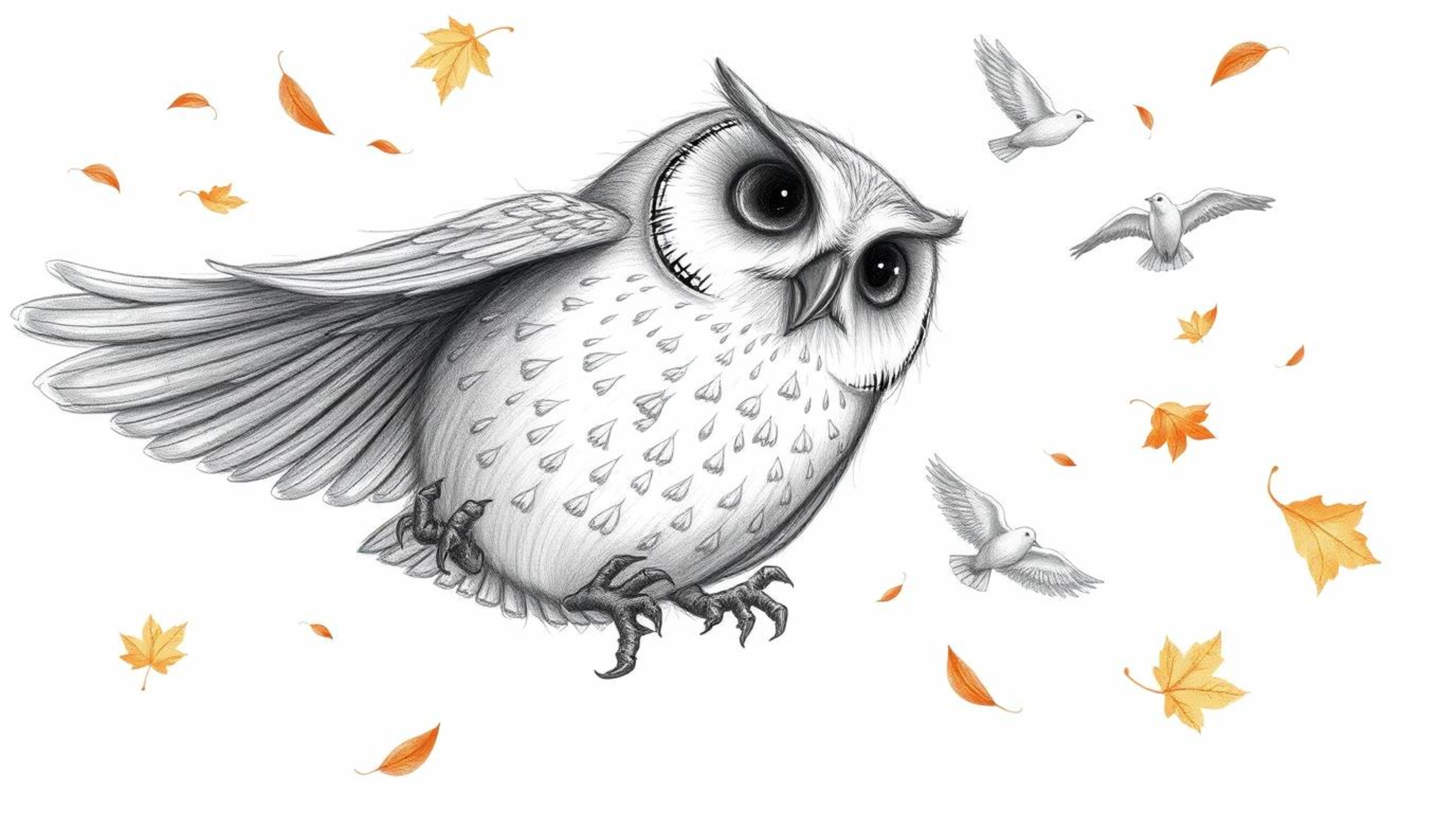 A hand-drawn pencil sketch featuring a textured depiction of a blind owl. The owl, with soft, round features and a wise expre