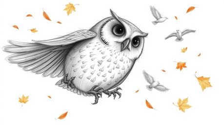 A hand-drawn pencil sketch featuring a textured depiction of a blind owl. The owl, with soft, round features and a wise expre