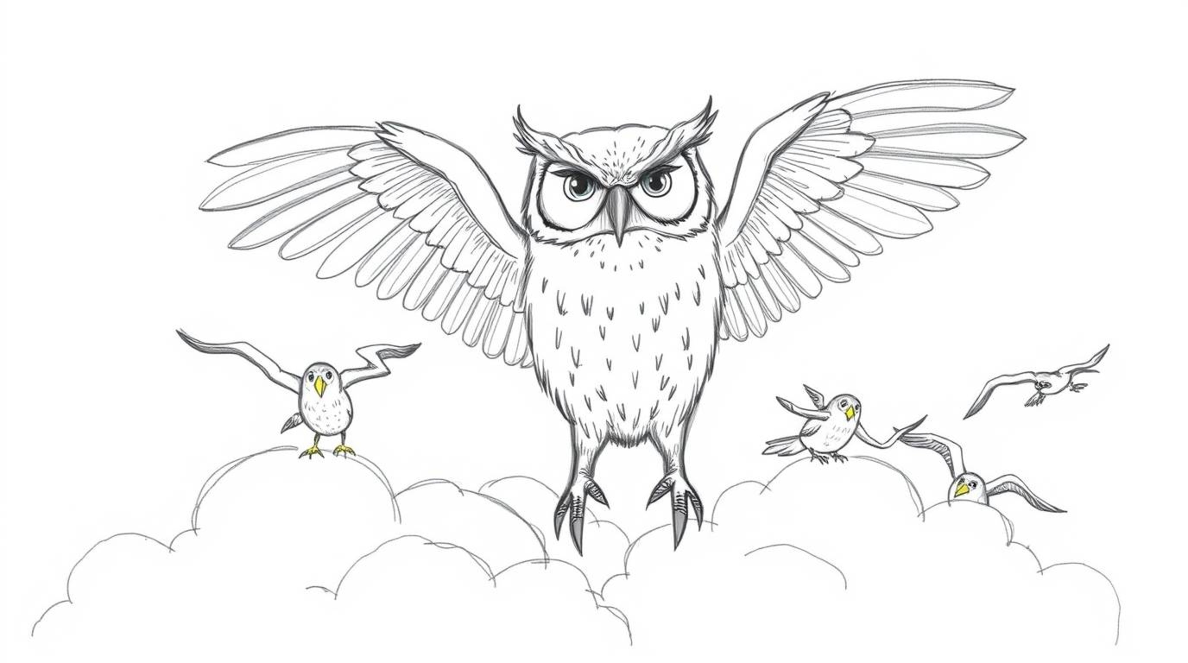 A hand-drawn sketch in Pixar style portrays a blind owl with expressive wrinkles around its eyes, confidently leading a group