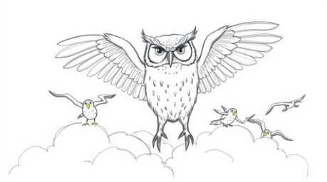 A hand-drawn sketch in Pixar style portrays a blind owl with expressive wrinkles around its eyes, confidently leading a group