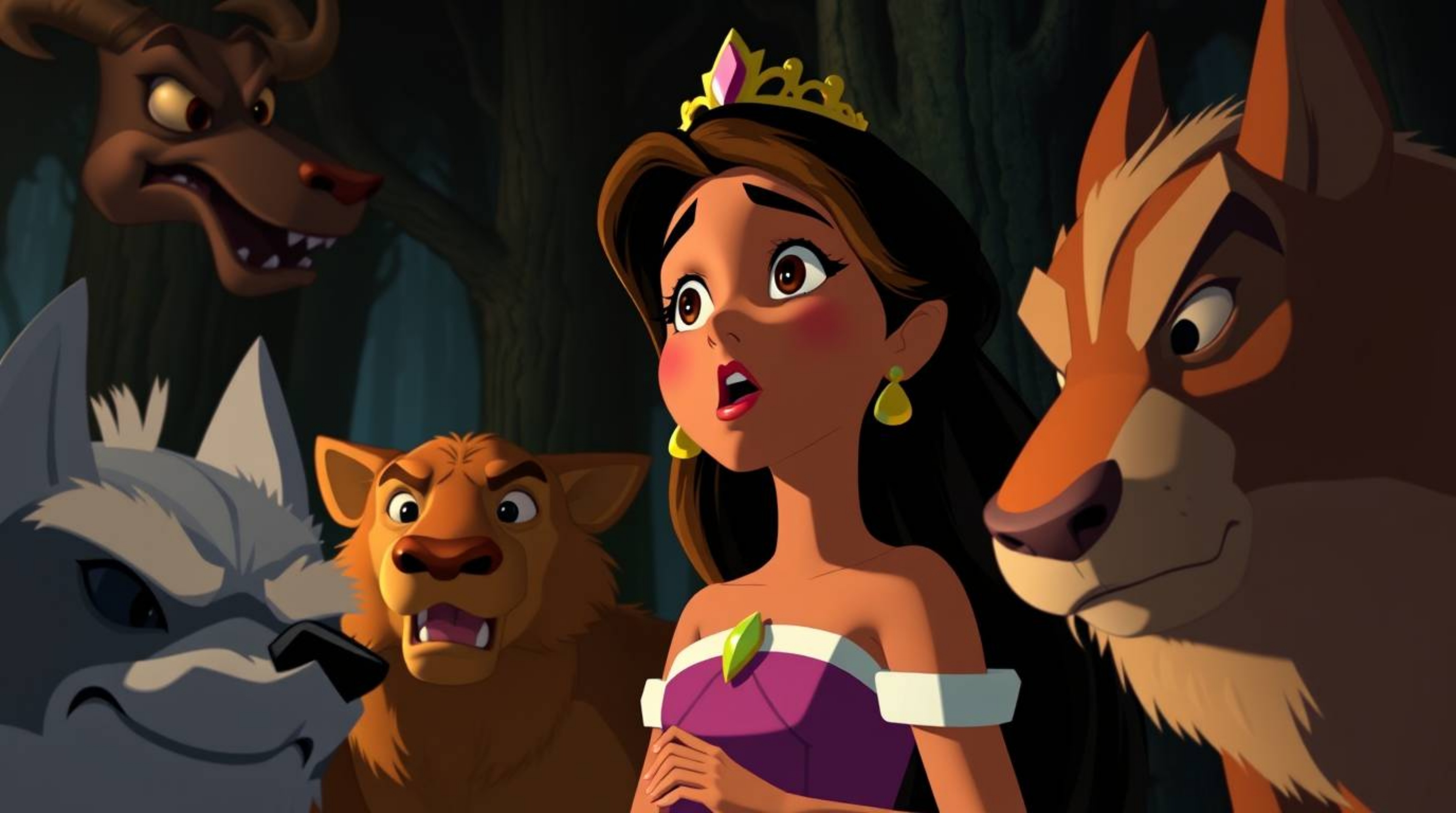 A captivating scene unfolds with a princess boasting strong facial features and tan skin, her voice soaring in song alongside