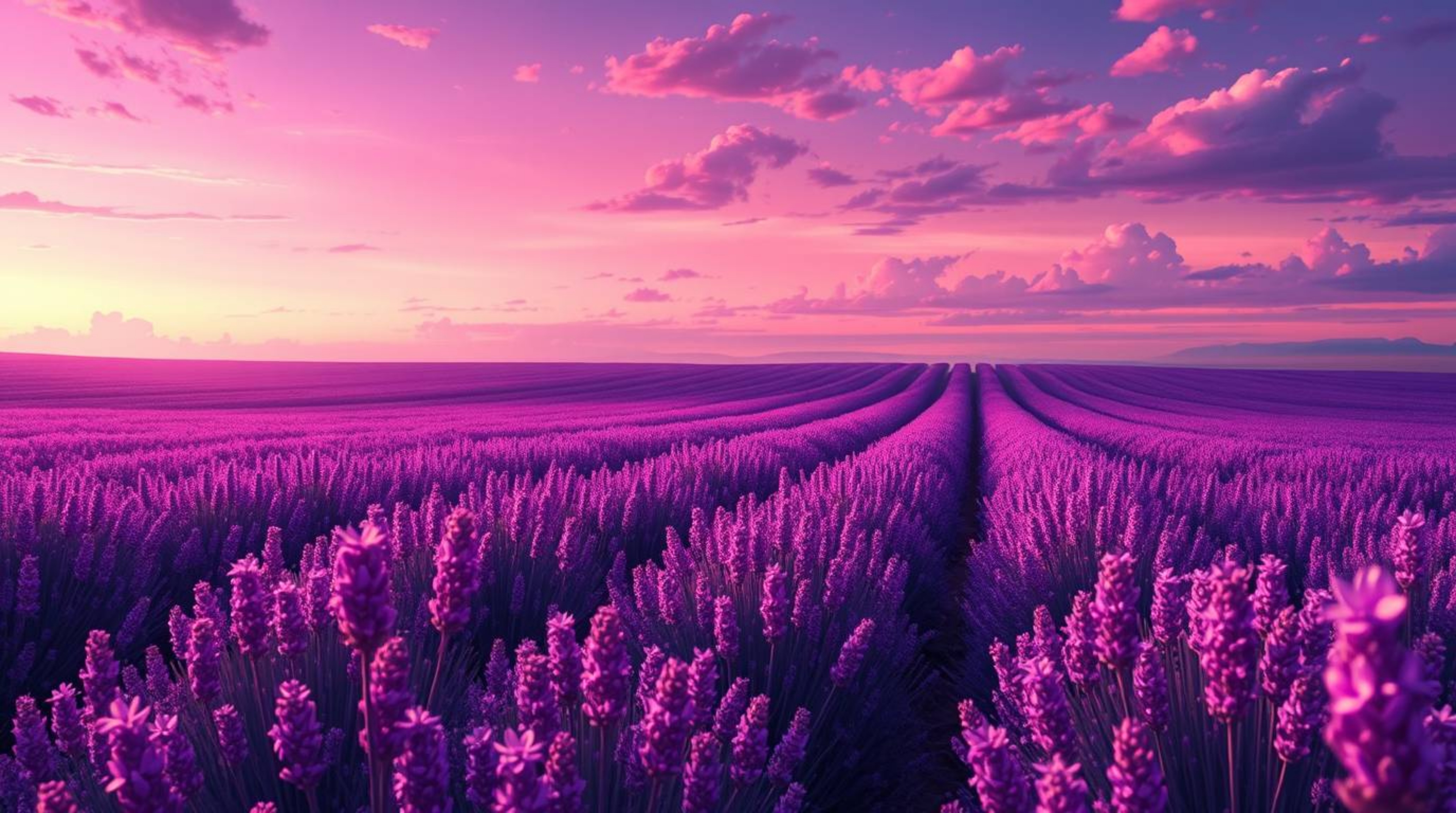 Immerse yourself in a dramatically cinematic Isekai anime-style landscape featuring expressive lavender fields glowing under 