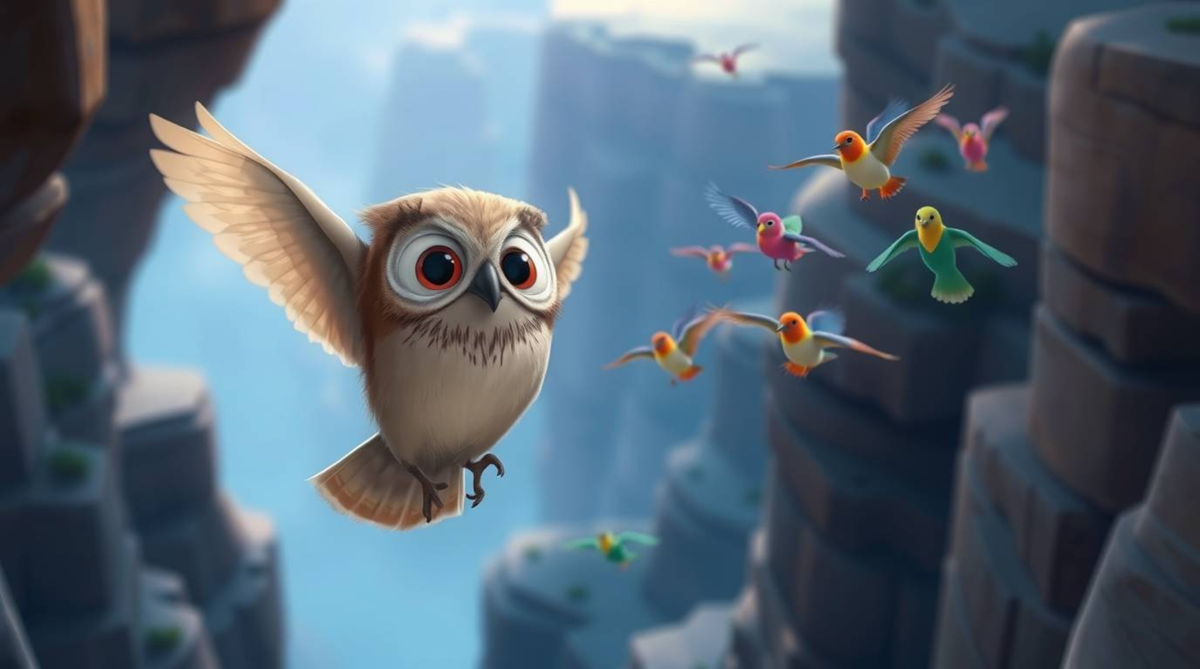 This charming Pixar-style illustration features a blind owl with soft features and light brown plumage as it teaches vibrant 