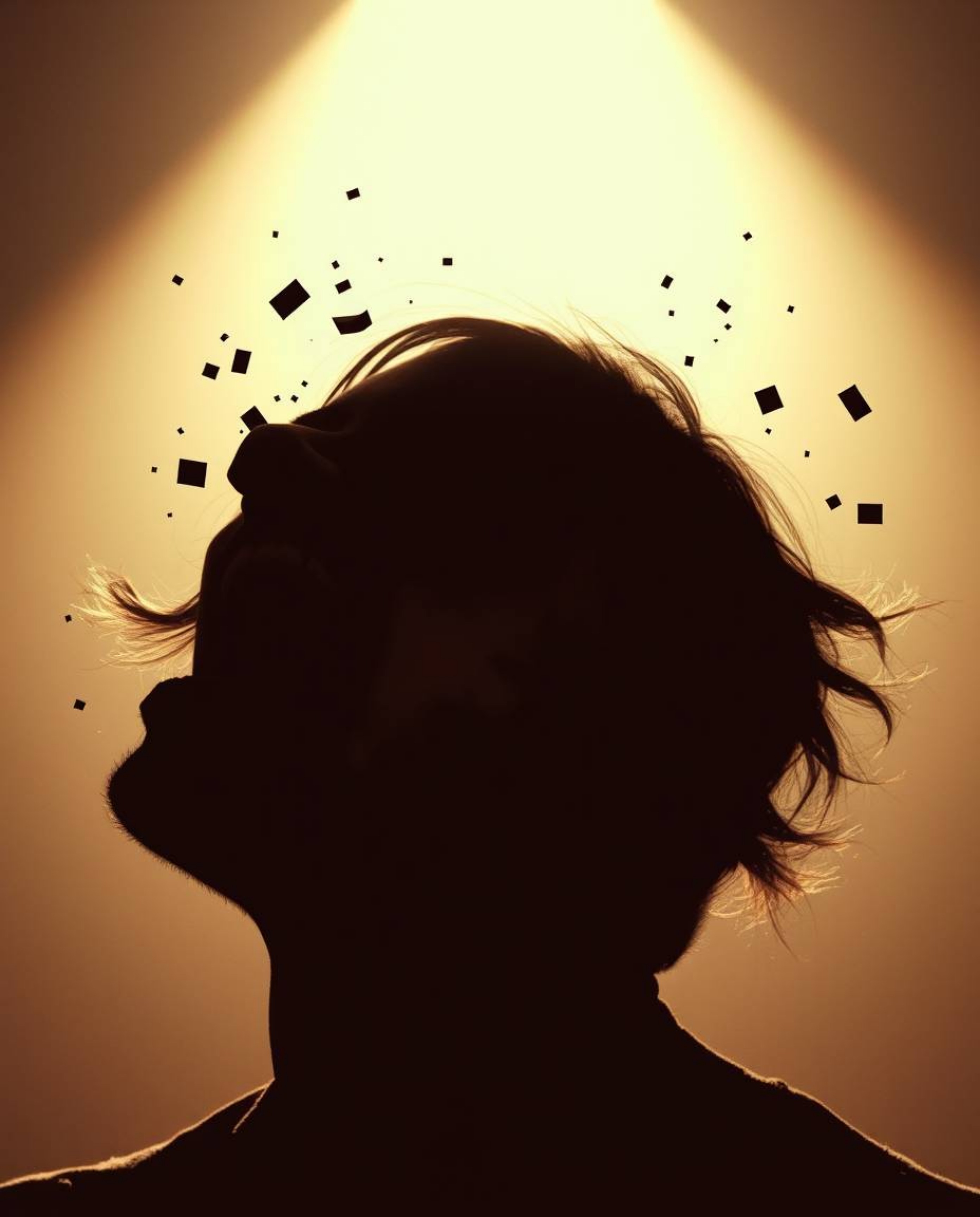A captivating image depicting a person's scream as their world transforms into a pixelated chaos.  The silhouette is dramatic