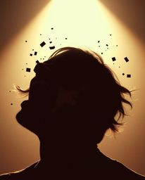 A captivating image depicting a person's scream as their world transforms into a pixelated chaos.  The silhouette is dramatic
