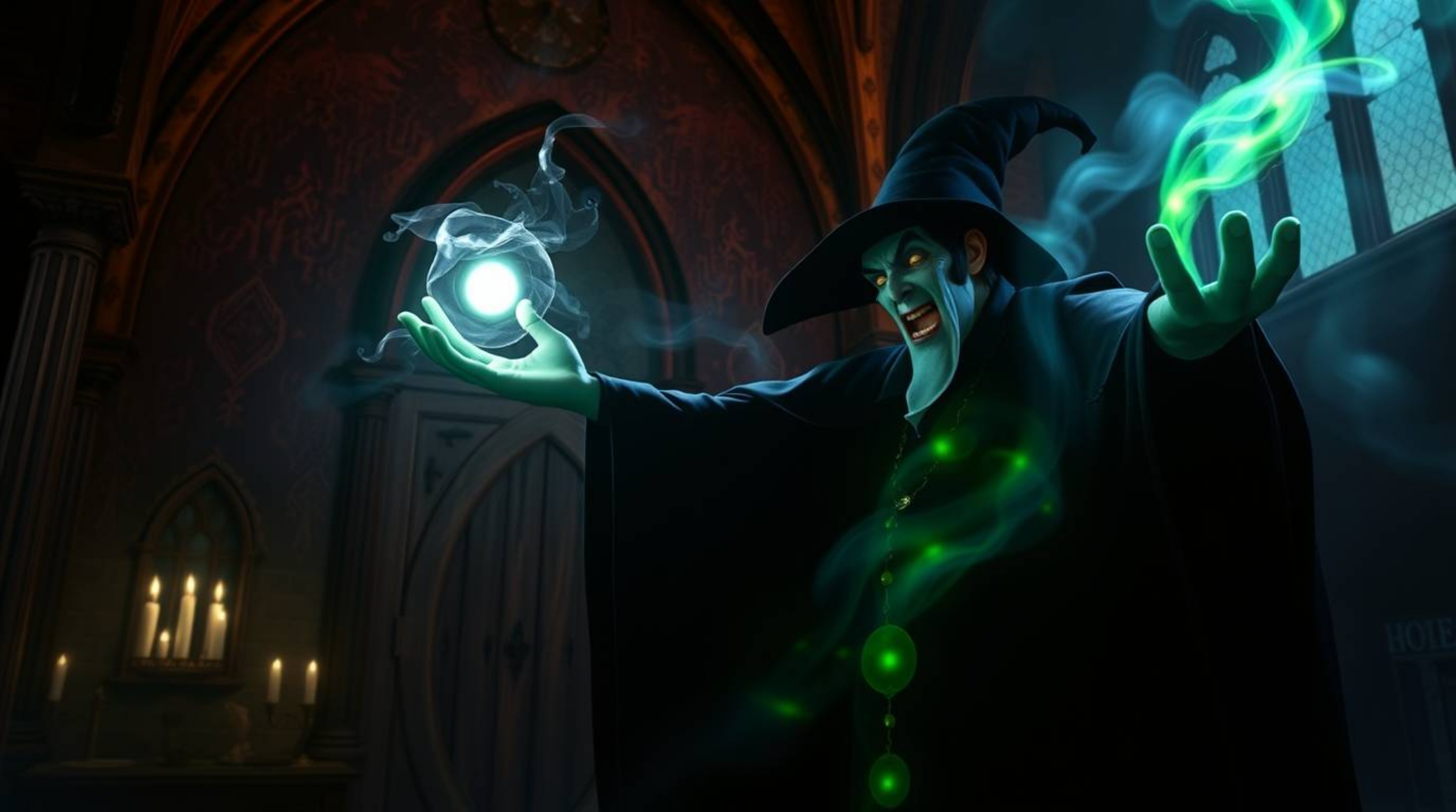 A classic Disney villain is depicted casting a spell within the confines of an old castle, emanating an ethereal and spiritua