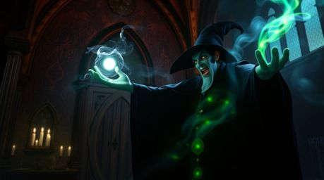 A classic Disney villain is depicted casting a spell within the confines of an old castle, emanating an ethereal and spiritua