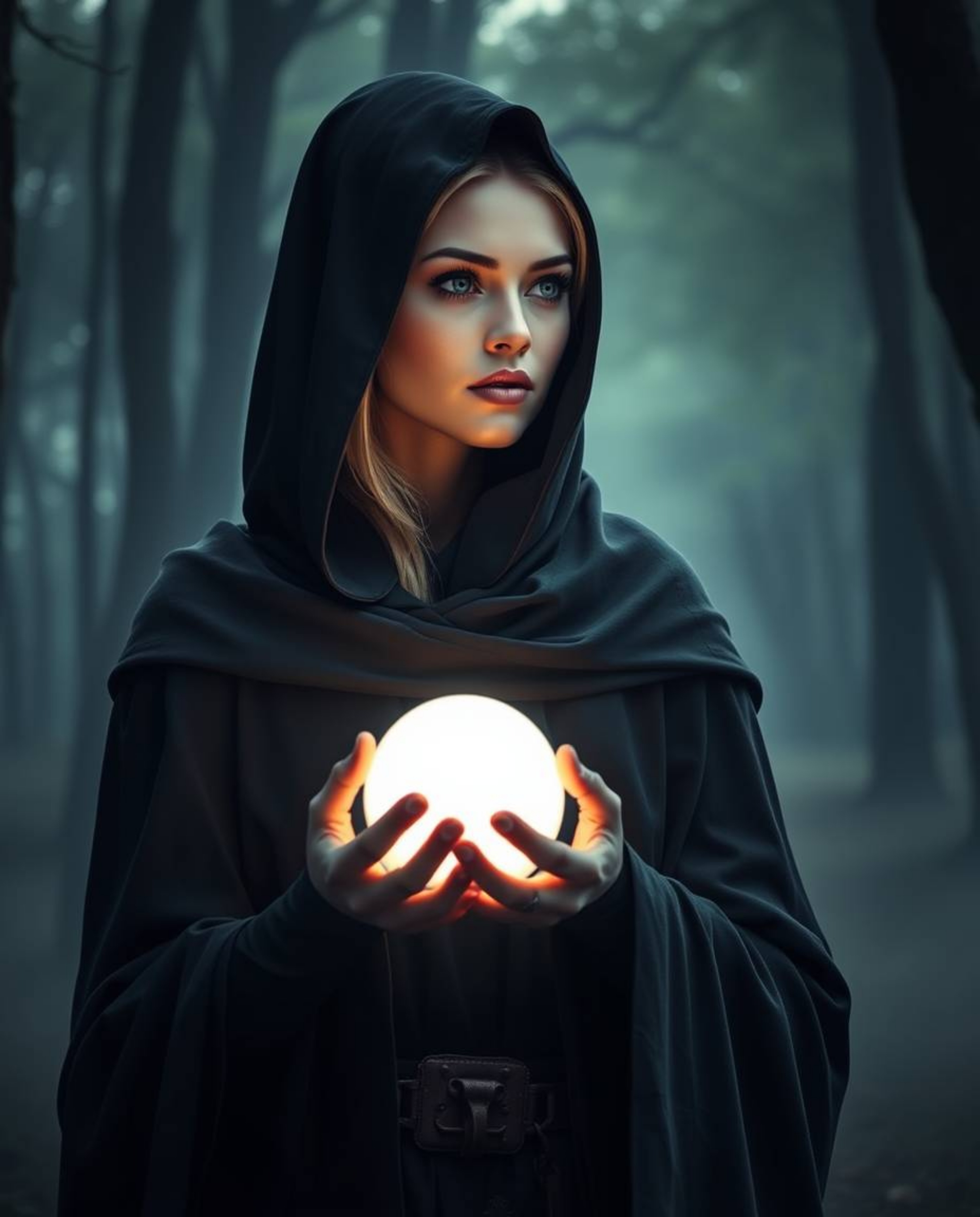 A high-resolution stock photo depicting an elegantly cloaked figure with refined facial features and light skin tone, holding