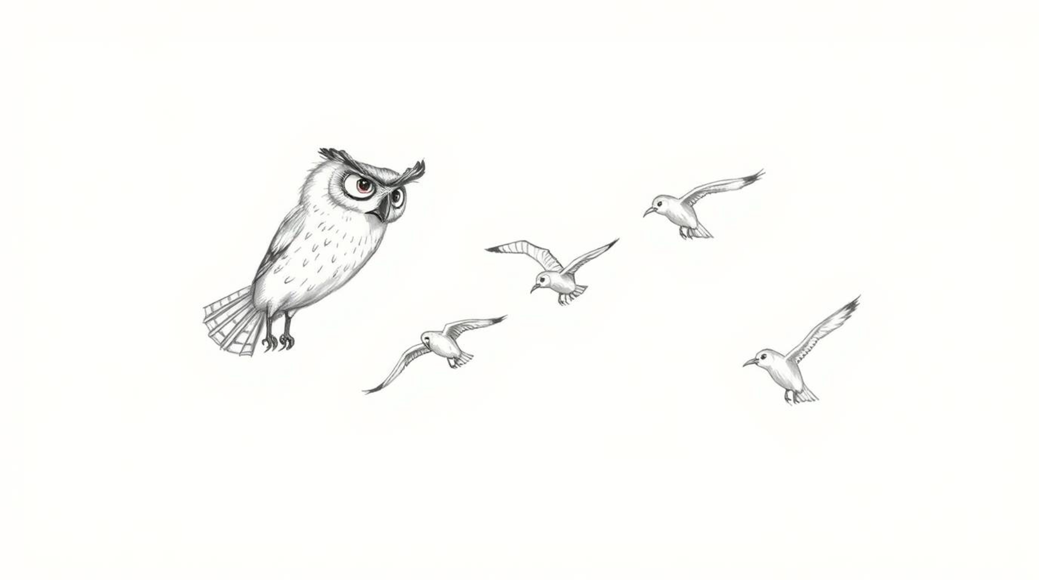 A Pixar-esque hand-drawn sketch depicts a blind owl with subtly detailed features, teaching a flock of birds a synchronized a